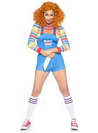 Chucky aus "Chucky – Die Mörderpuppe" (Frau), Kostüm-Top und -Romper, Tasten, Tasche, horizontale Streifen